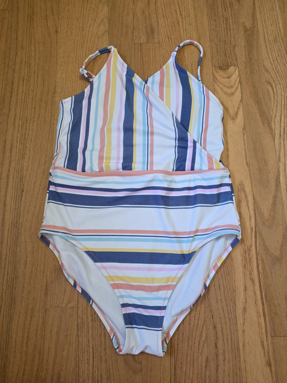 Sperry White One-Piece Swimsuit with Blue, Pink and Yellow Stripes